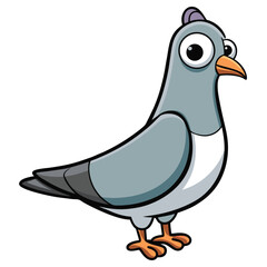 Cartoon pigeon with big eyes stands attentively looking forward on a clean background