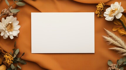 Blank white card surrounded by dried flowers and greenery on a warm orange fabric background for creative designs