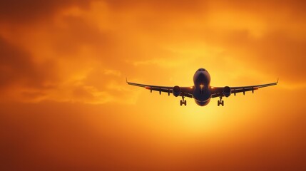 Fototapeta premium Airplane in flight against dramatic sunset sky with vibrant orange and yellow tones illuminating the clouds and aircraft