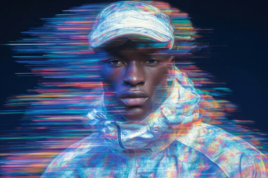 Athletic black male in futuristic techwear with neon glitch effects and motion trails