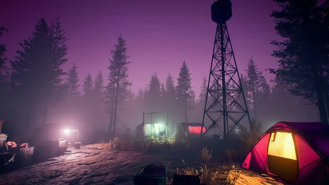 Foggy forest campsite at night.