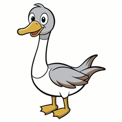 Happy cartoon goose with gray and white feathers stands smiling broadly on white