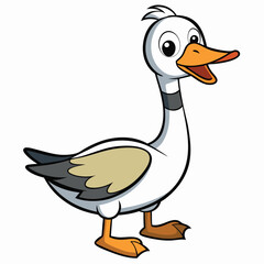 Cheerful white cartoon goose is standing and looking ahead with an open mouth