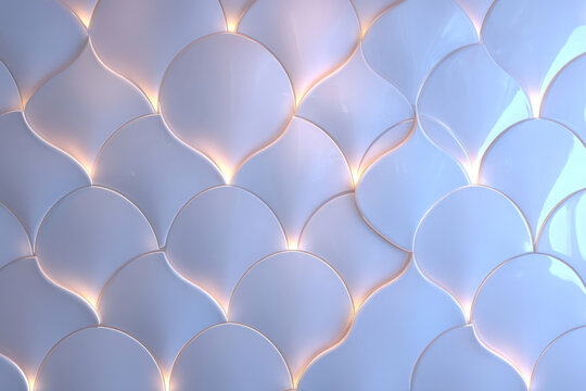 Glossy white and silver ceramic fish-scale wall tiles with curved texture