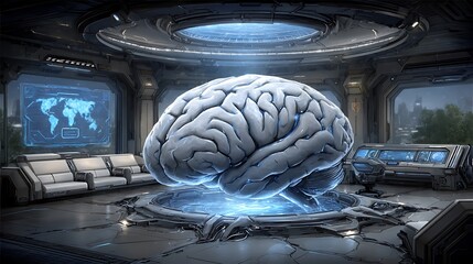 Futuristic lab with glowing brain hologram and world map display in a high tech environment