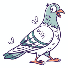 Cartoon pigeon struts confidently, sporting a teal and white plumage with cute water droplet accents
