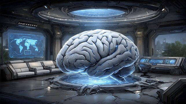 Futuristic lab with glowing brain hologram and world map display in a high tech environment - Powered by Adobe