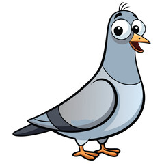 Cartoon pigeon stands smiling with wide eyes and an open beak looking happy