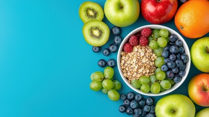 Fresh fruits and granola bowl on bright blue background with healthy ingredients for nutrition and wellbeing focus