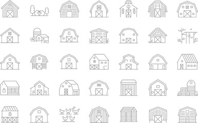 A collection of barn and farm building line art illustrations on white