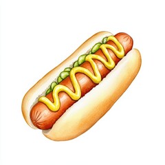 Delicious hot dog with mustard and pickles on a soft bun for summertime picnics and outdoor gatherings