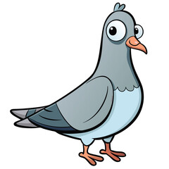 Cartoon pigeon stares outward with a wide eyed expression on a plain white background
