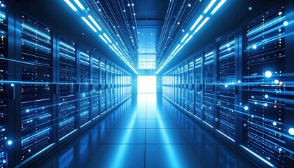 Fototapeta premium Minimalistic futuristic data center futuristic data center corridor with glowing servers and bright light beams in high tech environment