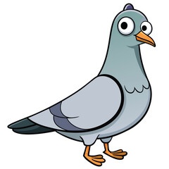 Pigeon cartoon with bright orange feet and beak stands isolated on white