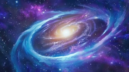 stunning, highly detailed spiral galaxy, its glowing core radiating soft golden light, with swirling arms stretching outward in shades of blue, purple, and magenta