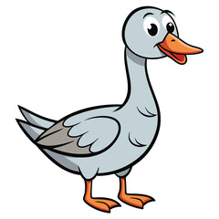 Cute cartoon goose stands cheerfully while looking sideways on a bright white background