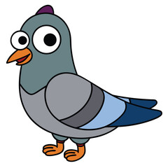 Whimsical cartoon pigeon stands playfully, featuring vibrant colors and bold outlines against a white backdrop
