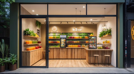 stylish downtown juice shop exterior with large glass windows and minimalistic look for marketing and promotional visuals storefront exterior wallpaper background
