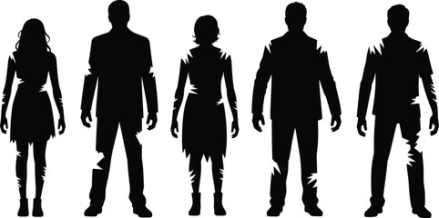 Zombie silhouette vector, horror undead people, scary shadow characters, Halloween costume design, creepy figure illustration, spooky night monster art © Creative Asif