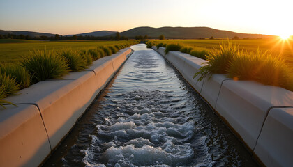 Flowing irrigation canal surrounded by green fields at sunset  