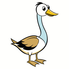 Cartoon white goose with a yellow beak stands against a plain background