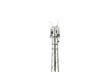 Metal telecom tower with antennas cut out on white
