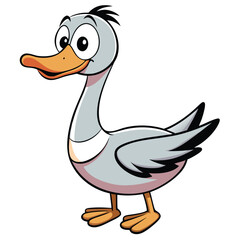 Cheerful gray cartoon goose is standing with a smile on an isolated white background