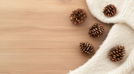 Cozy winter scene with pine cones and knitted fabric on wooden background for warmth and holiday decoration inspiration