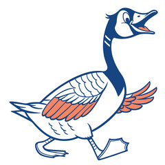 Playful goose strides forward, its neck extended in a cheerful pose, featuring vibrant plumage