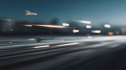 Keys Flying in Motion: A blurred image shows keys flying quickly, symbolizing speed, security, and new opportunities in the blurred abstract background.