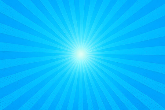 Blue radial sunburst background with glowing center light, abstract comic style burst pattern for retro pop art design, vibrant blue rays template for poster, banner, wallpaper, or graphic project