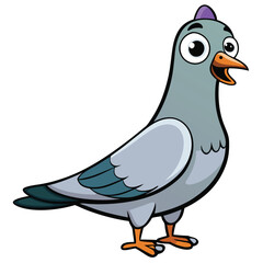 Joyful cartoon pigeon stands smiling, with its bright orange feet clearly visible against a white background