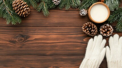 Warm and cozy winter scene with pine cones, fur mitten, hot beverage and fresh green pine branches on wooden table