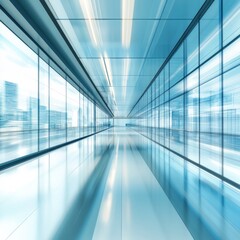 Obraz premium Modern glass corridor with city view, sleek design