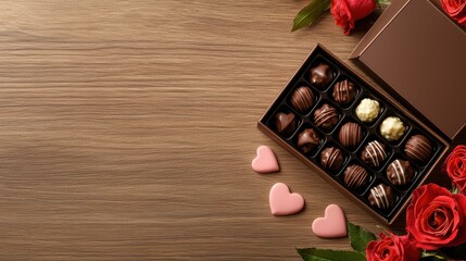 Box of assorted chocolate truffles with pink hearts and red roses on a wooden table for romantic occasions and celebrations