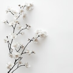 Delicate white blossoms on a branch against a clean white background