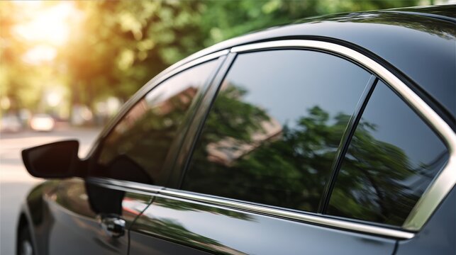 Side view of car window tint, ceramic film provides heat rejection and UV protection with stable color, car film installed on the glass surface of the , selected focus car tinting service