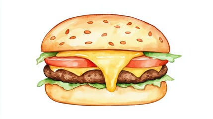 Delicious watercolor illustration of a cheeseburger with lettuce, tomato, cheese, and sesame seed bun on a white background