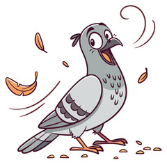 Happy cartoon pigeon gazes upward near seeds and feathers on a white background