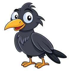 Cheerful dark cartoon bird stands looking with its bright yellow beak and feet