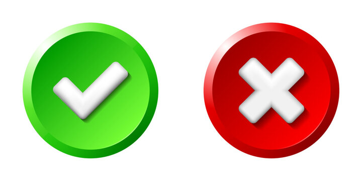 Stylized Check mark cross mark 3d buttons or icon set Check mark with right and wrong signs Round tick and cross icon set approval buttons and wrong buttons success false vectors illustrations