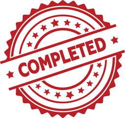 Red "Completed" Stamp with Stars and Decorative Edge, Achievement and Success Symbol.
