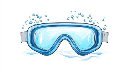 Detailed illustration of a blue swimming goggles surrounded by water bubbles on a white background for aquatic themes