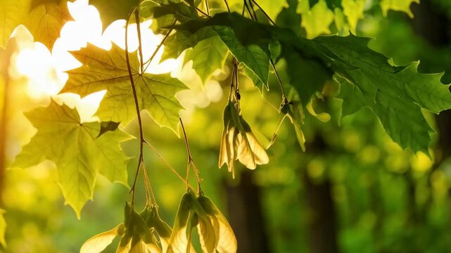Sunlit maple tree leaves and samara seeds hanging in a forest landscape with blurred green foliage creating a soft, organic feeling.