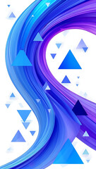 Abstract swirl of blue and purple colors with geometric triangles on white background