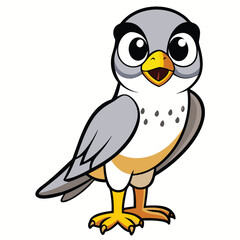Gray cartoon falcon with large eyes stands confidently on its yellow feet