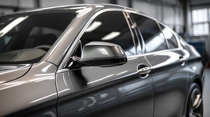 Side view of car window tint, ceramic film provides heat rejection and UV protection with stable color, car film installed on the glass surface of the , selected focus car tinting service