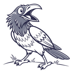Stylized monochrome crow stands squawking on grass, showcasing simplistic animation style, bold lines