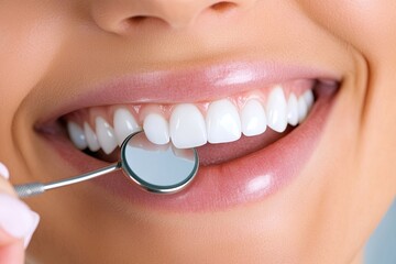 Fototapeta premium patient admiring her perfect smile after dental implant treatment holding mirror in hand