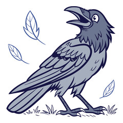 Cartoon raven standing on grass looks upwards near falling leaves, ready to take flight